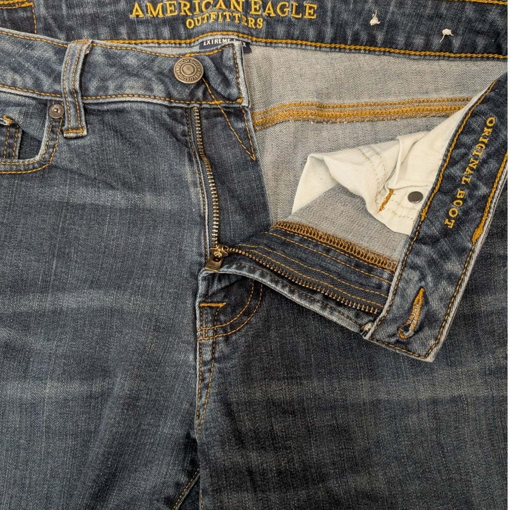 American Eagle Original Boot Jeans Mens 33x32 Dark Wash Blue Whiskered Stretch - Picture 11 of 16